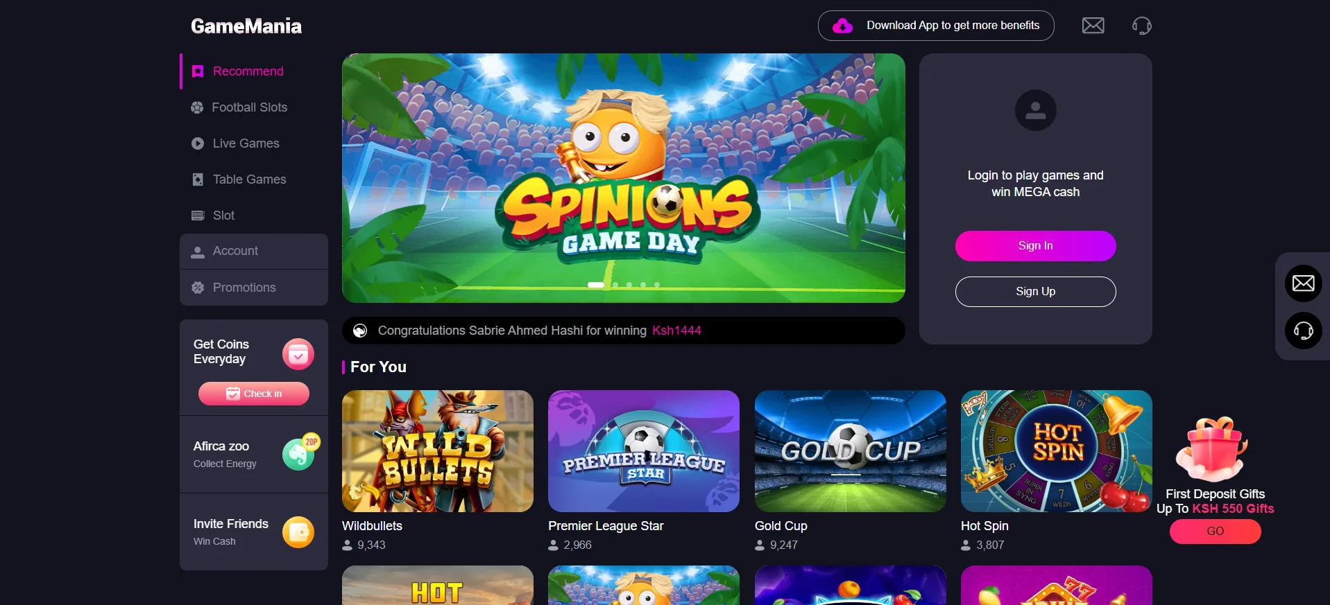 GameMania main screen with various games