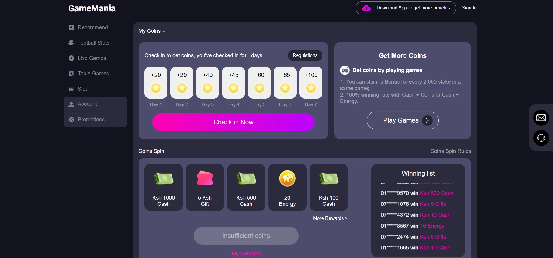 GameMania 'My Coins' loyalty program interface with coin balance and spin option