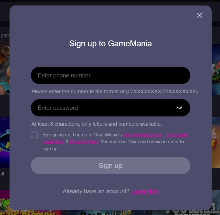 Visual guide for GameMania sign up process